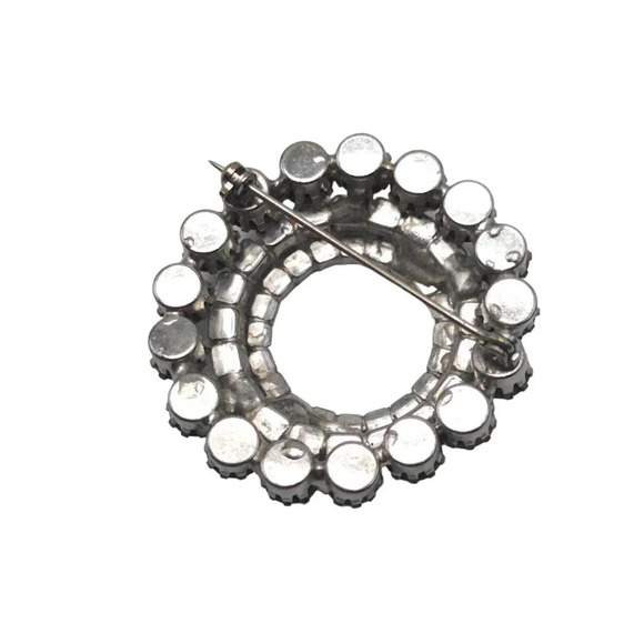 Blue Rhinestone Round Wreath Flower Brooch Pin Silver Tone Vintage - Picture 2 of 4
